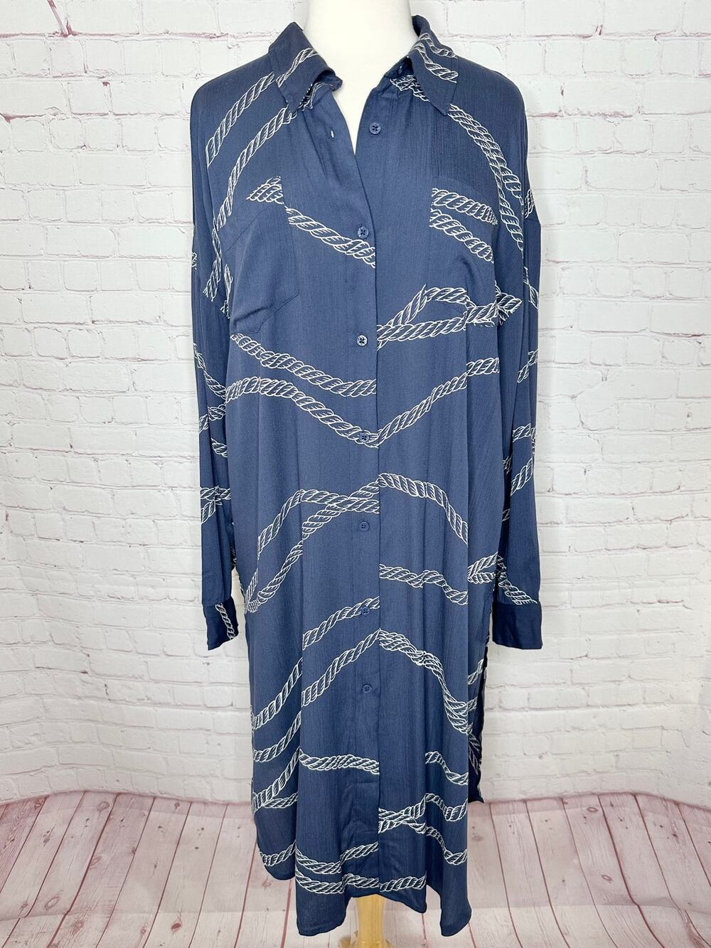 Venus Navy Blue Shirt Dress Coverup Womens Large Nautical Rope Swim Coastal Chic
